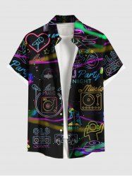 Chemise hawaïenne grande taille pour homme, avec microphone, écouteurs, imprimé cœur, boutons et poche, idéale pour les fêtes musicales. - Noir XL