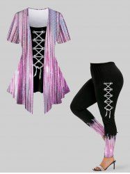 Grommets Lace Up Sparkling Sequin Stripes Glitter 3D Print Plus Size Matching Set -  