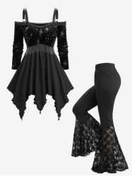 Ensemble grande taille composé d'un haut à manches longues à pompons argentés et d'un pantalon évasé en dentelle à sequins et fleurs. - Noir 
