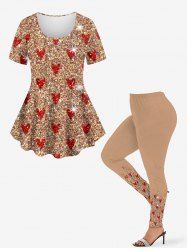 Valentines Glitter Sparkling Sequins Heart Printed T-shirt and Leggings Plus Size Matching Set -  