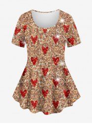 T-shirt à manches courtes grande taille avec imprimé cœur pailleté et sequins scintillants pour la Saint-Valentin - café L