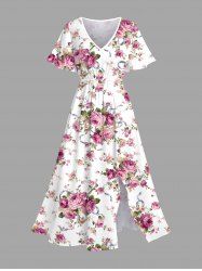Plus Size Valentine's Day Rose Flowers Leaf Print Split Midi Dress -  