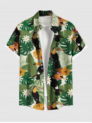 Plus Size Daisy Flowers Tropical Leaf Bird Print Buttons Pocket Hawaii Shirt For Men - Vert M