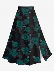 Plus Size Valentine's Day Rose Flowers Leaf Print Split Skirt -  