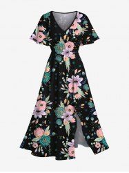 Robe mi-longue hawaïenne fendue à imprimé floral et feuilles grande taille - Noir XXS