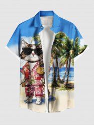 Chemise à poches boutons grande taille pour homme, imprimée de chats et de cocotiers, style hawaïen. - Bleu Ciel 5XL
