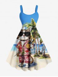 Robe trapèze hawaïenne à imprimé chat et cocotiers grande taille - Bleu Ciel M