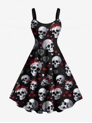 Plus Size Valentine's Day Skulls Heart Rose Flower Print Tank Dress -  