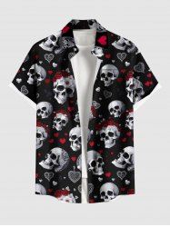 Chemise grande taille pour homme, imprimé têtes de mort, roses, cœurs et boutons, avec poche, idéale pour la Saint-Valentin. - Noir 4XL