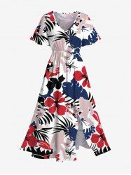 Robe midi trapèze grande taille à imprimé gorille, feuilles tropicales et hibiscus, style hawaïen, avec poches fendues - Blanc L
