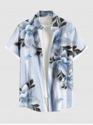 Plus Size Ombre Flower Leaf Butterfly Print Hawaii Button Pocket Shirt For Men -  