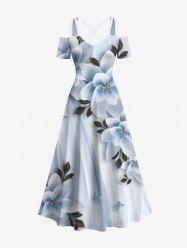 Plus Size Ombre Flower Leaf Butterfly Print Hawaii Cold Shoulder Crisscross A Line Maxi Dress -  