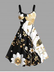 Plus Size Flower Leaf Branch Contrast Colorblock Print Hawaii A Line Dress - Noir 1X