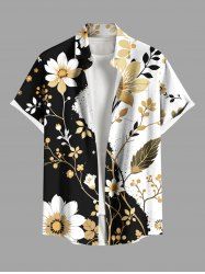 Plus Size Flower Leaf Branch Contrast Colorblock Print Hawaii Button Pocket Shirt For Men -  