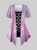 Grommets Lace Up Sparkling Sequin Stripes Glitter 3D Print Plus Size Matching Set -  