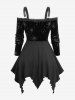 Ensemble grande taille composé d'un haut à manches longues à pompons argentés et d'un pantalon évasé en dentelle à sequins et fleurs. - Noir 
