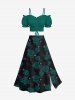 Plus Size Valentine's Day Rose Flowers Leaf Print Split Skirt -  