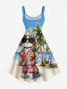 Robe trapèze hawaïenne à imprimé chat et cocotiers grande taille - Bleu Ciel M