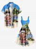 Robe trapèze hawaïenne à imprimé chat et cocotiers grande taille - Bleu Ciel S