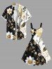 Plus Size Flower Leaf Branch Contrast Colorblock Print Hawaii A Line Dress - Noir 1X