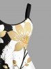 Plus Size Flower Leaf Branch Contrast Colorblock Print Hawaii A Line Dress - Noir 1X