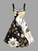 Plus Size Flower Leaf Branch Contrast Colorblock Print Hawaii A Line Dress - Noir 1X