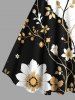 Plus Size Flower Leaf Branch Contrast Colorblock Print Hawaii A Line Dress - Noir 1X