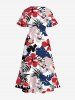 Robe midi trapèze grande taille à imprimé gorille, feuilles tropicales et hibiscus, style hawaïen, avec poches fendues - Blanc L