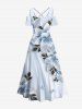 Plus Size Ombre Flower Leaf Butterfly Print Hawaii Cold Shoulder Crisscross A Line Maxi Dress -  