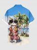 Chemise à poches boutons grande taille pour homme, imprimée de chats et de cocotiers, style hawaïen. - Bleu Ciel 5XL