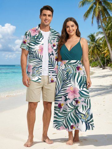 Ensemble de plage hawaïen assorti pour couples, imprimé feuilles tropicales et fleurs d'hibiscus, grandes tailles