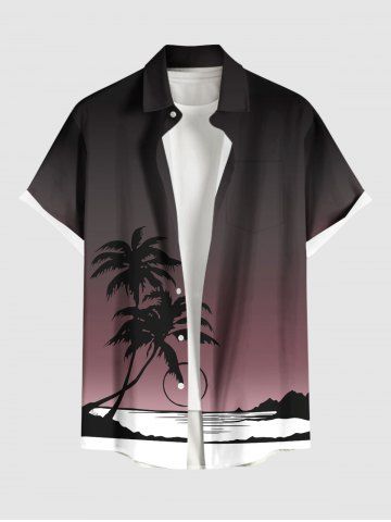 Chemise hawaïenne grande taille pour homme, imprimé ombré de cocotiers et de paysages marins, boutons et poche. - BLACK - 6XL