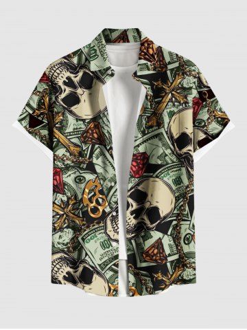Plus Size Skull Dollar Diamond Print Buttons Pocket Shirt For Men - BLACK - 6XL