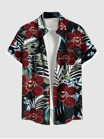 Plus Size Flowers Tropical Leaf Print Buttons Pocket Hawaii Shirt For Men - BLACK - 6XL
