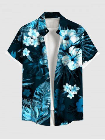 Chemise hawaïenne grande taille pour homme, à imprimé floral tropical et feuilles d&#39;hibiscus, boutons et poche. - BLACK - 5XL