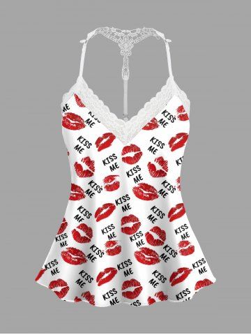 Plus Size Valentine's Day Kiss Me Lips Print Lace Trim Strappy Slip Pajama Top - WHITE - 2XL