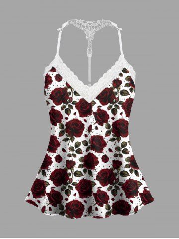 Plus Size Valentine's Day Rose Flowers Print Lace Trim Strappy Slip Pajama Top - DEEP RED - 2XL