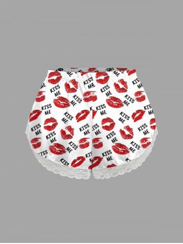 Plus Size Valentine's Day Kiss Me Lips Print Lace Trim Slip Pajama Shorts - WHITE - XS