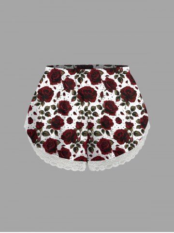 Plus Size Valentine's Day Rose Flowers Print Lace Trim Slip Pajama Shorts - DEEP RED - XS