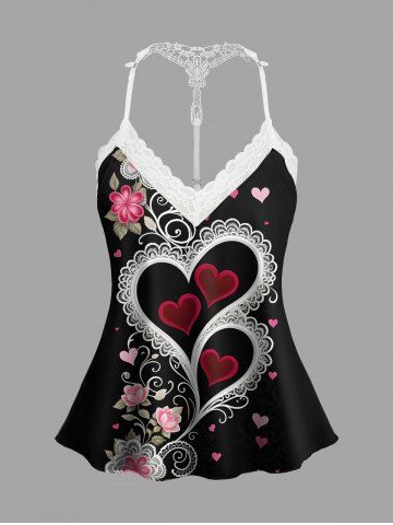 Plus Size Flower Leaf Heart Print Lace Trim Valentines Crochet Pajama Top - BLACK - M