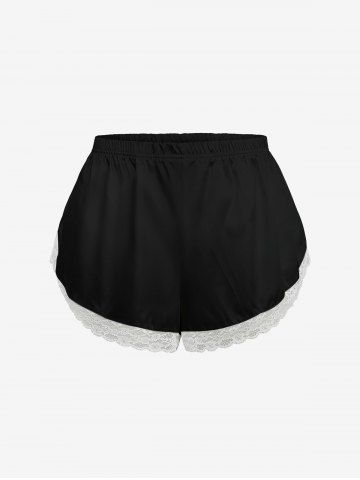 Plus Size Solid Lace Trim Women Pajama Shorts - BLACK - M