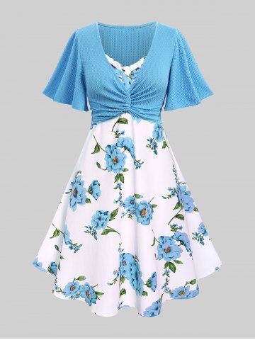 Plus Size Twisted Plunging Crop Top and 3D Flower Print Spaghetti Strap Cottagecore Dress - SKY BLUE - 5X | US 30-32