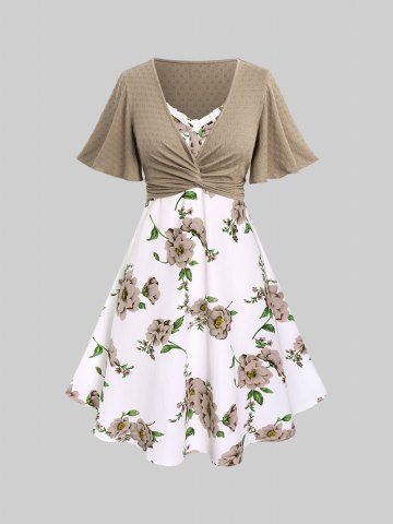 Plus Size Twisted Plunging Crop Top and 3D Flower Print Spaghetti Strap Cottagecore Dress - COFFEE - 1X | US 14-16