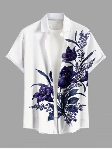 Chemise hawaïenne à imprimé floral, feuilles et branches, grande taille, avec poche boutonnée, pour hommes - WHITE - 3XL