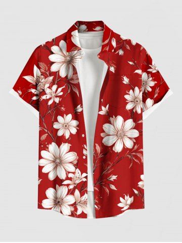 Plus Size Flower Branch Print Hawaii Button Pocket Shirt For Men - RED - XL