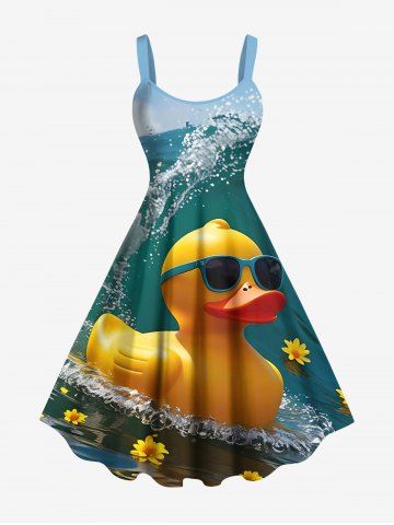 Robe trapèze hawaïenne à imprimé vagues et canards, grande taille - GREEN - M