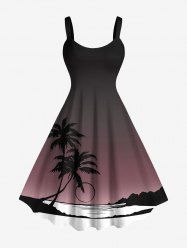Robe débardeur hawaïenne grande taille à imprimé ombré cocotier et paysage marin - Noir 3X