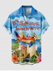 Plus Size Seascape Hibiscus Flower Leaf Juice Parrot Hammock Print Buttons Pocket Hawaii Shirt For Men -  
