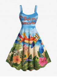 Robe débardeur hawaïenne grande taille à imprimé paysage marin, hibiscus, feuilles et perroquet. - Bleu Ciel 4X