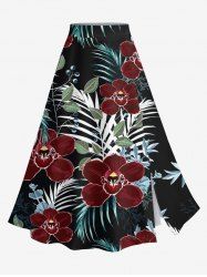 Plus Size Flowers Tropical Leaf Print Split Hawaii Skirt -  